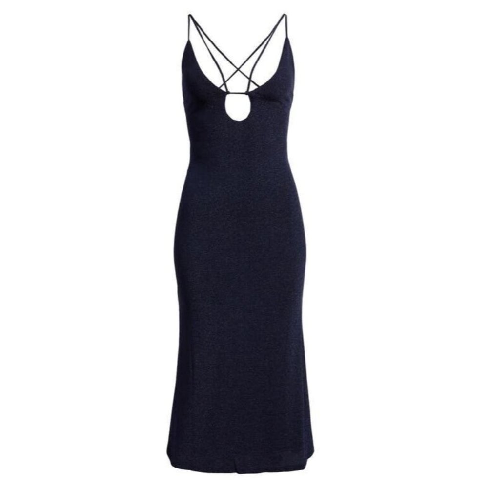 Misha Womens Size 4 Veronika Navy Metallic Strappy Cut Out Midi Party Dress